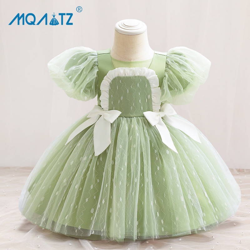 Mqatz ฤดูร ้ อนสีเขียว 1st ของขวัญวันเกิดสําหรับสาวเสื ้ อผ ้ าพิธีโบว ์ เจ ้ าหญิงชุด Baptism สาวชุดพัฟแขนชุด BL020