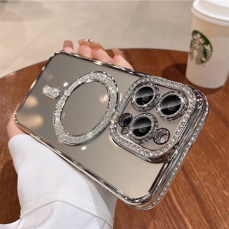 Glitter Diamondsเคสโทรศัพท์แม่เหล็กสําหรับiPhone 15 pro max 14 13 12 11 Plusปลอกใสป้องกันกล้องโปร่งใสพร้อมเลนส์แก้วซิลิโคนกันกระแทกอุปกรณ์เสริมปกอ่อน