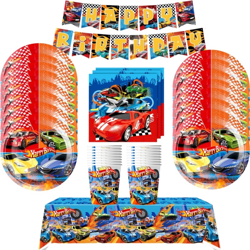 1เซ็ตรถแข่งตกแต่งงานเลี้ยงวันเกิดรถแข่งเด็กชายบนโต๊ะอาหารชุดแผ่นถ้วยผ้าเช็ดปากผ้าปูโต๊ะพรรคตกแต่งเด็กอาบน้ําอุปกรณ์