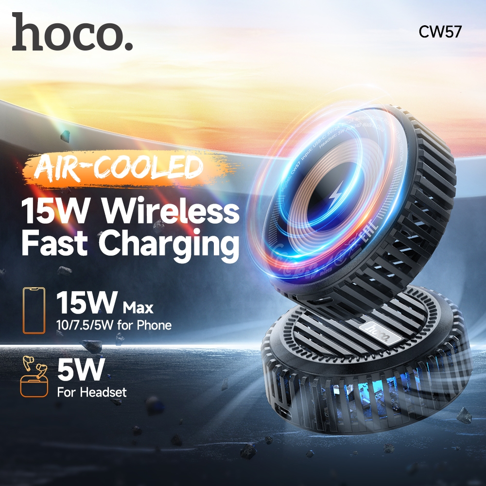 Hoco CW57 พัดลม Cooling Wireless Fast Charger 3in1 แท่นชาร์จไร้สายแม่เหล็ก 15W Qi Wireless Charger For15/14/13 โทรศัพท์มือถือหูฟังนาฬิกาแท่นชาร์จไร้สาย