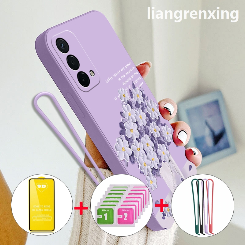 FREE กระจกนิรภัย เคส oppo A74 4g oppo a95 เคสโทรศัพท์ Softcase ซิลิโคนเหลวกันกระแทกฝาครอบกันชนดีไซน์ใหม่การ์ตูนภาพวาดสีน้ํามันดอกไม้ YTMYHH02