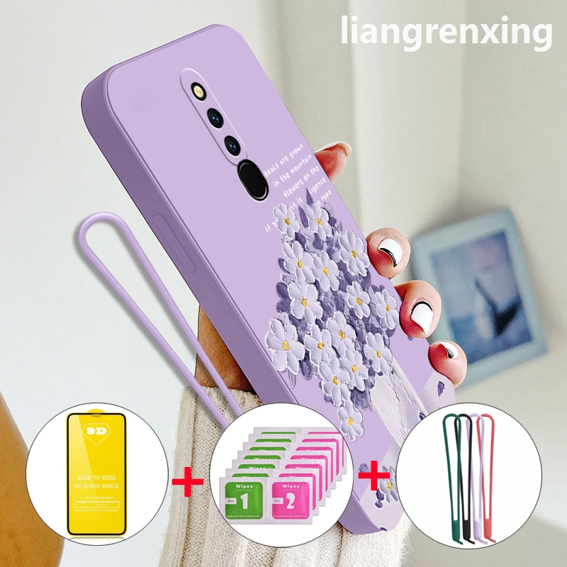 FREE กระจกนิรภัย เคส OPPO F11 Pro OPPO F11 เคสโทรศัพท์ Softcase ซิลิโคนเหลวกันกระแทกฝาครอบกันชนดีไซน์ใหม่การ์ตูนภาพวาดสีน้ํามันดอกไม้ YTMYHH02