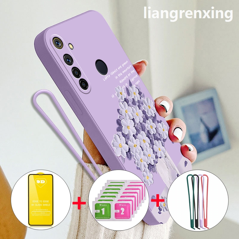 FREE กระจกนิรภัย เคส realme 5 realme c3 realme 5i realme 6i realme 5 pro เคสโทรศัพท์ Softcase Liquid กันกระแทก ดีไซน์ใหม่ การ์ตูนภาพวาดสีน้ํามันดอกไม้ YTMYHH02