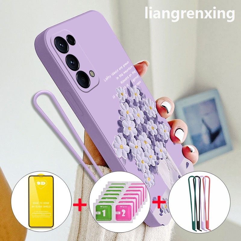 FREE กระจกนิรภัย เคส oppo RENO 5 5g oppo RENO 4 4g reno5 5g เคสโทรศัพท์ Softcase ซิลิโคนเหลวกันกระแทกฝาครอบกันชนดีไซน์ใหม่การ์ตูนภาพวาดสีน้ํามันดอกไม้ YTMYHH02