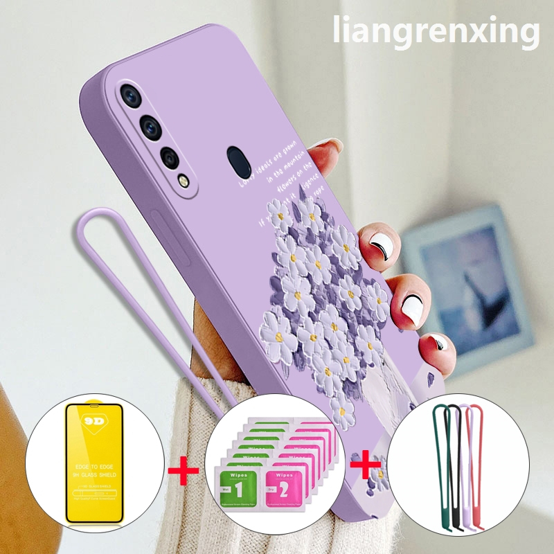 FREE กระจกนิรภัย เคส OPPO A31 2020 เคสโทรศัพท์ Softcase ซิลิโคนเหลวกันกระแทกฝาครอบกันชนดีไซน์ใหม่การ์ตูนภาพวาดสีน้ํามันดอกไม้ YTMYHH02
