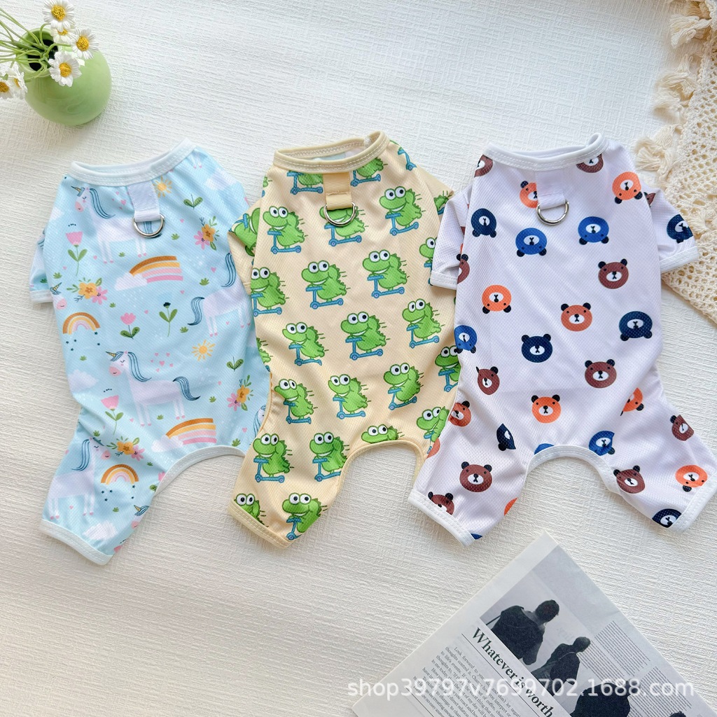ชุดJumpsuitสัตว์เลี้ยงผ้าฝ้ายนุ่ม ลายน่ารักสีขา สำหรับแมว-สุนัข รับประกันไม่รั่วซึม