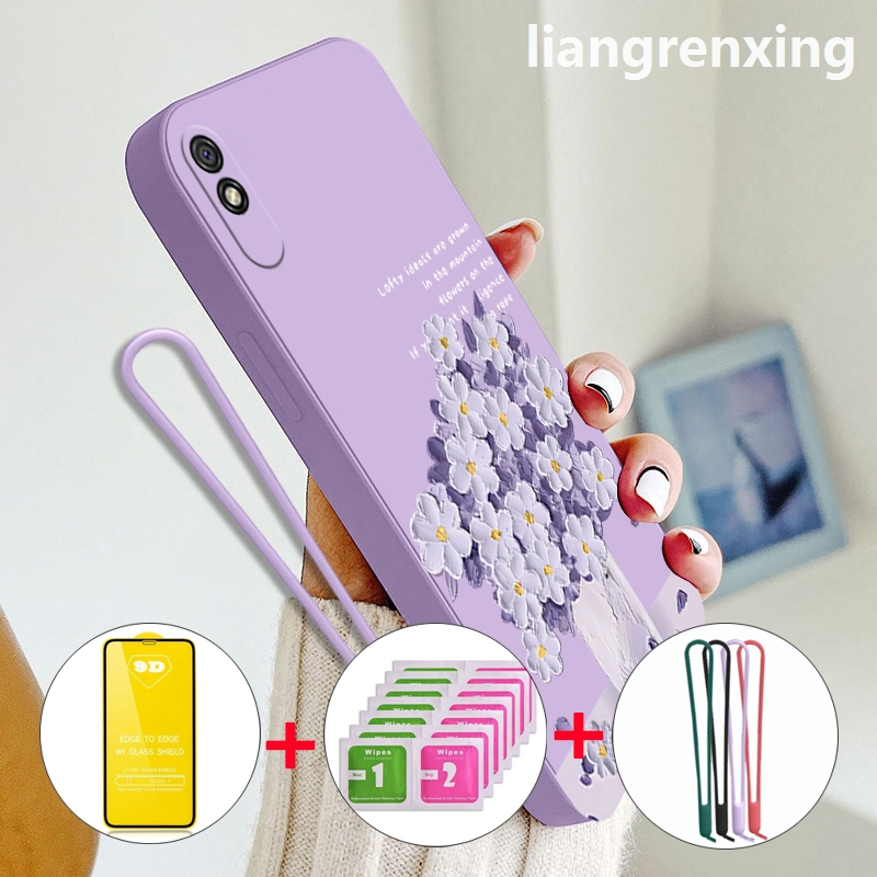 FREE กระจกนิรภัย เคส redmi 9a xiaomi redmi 9 เคสโทรศัพท์ Softcase ซิลิโคนเหลวกันกระแทกฝาครอบกันชนดีไซน์ใหม่การ์ตูนภาพวาดสีน้ํามันดอกไม้ YTMYHH02