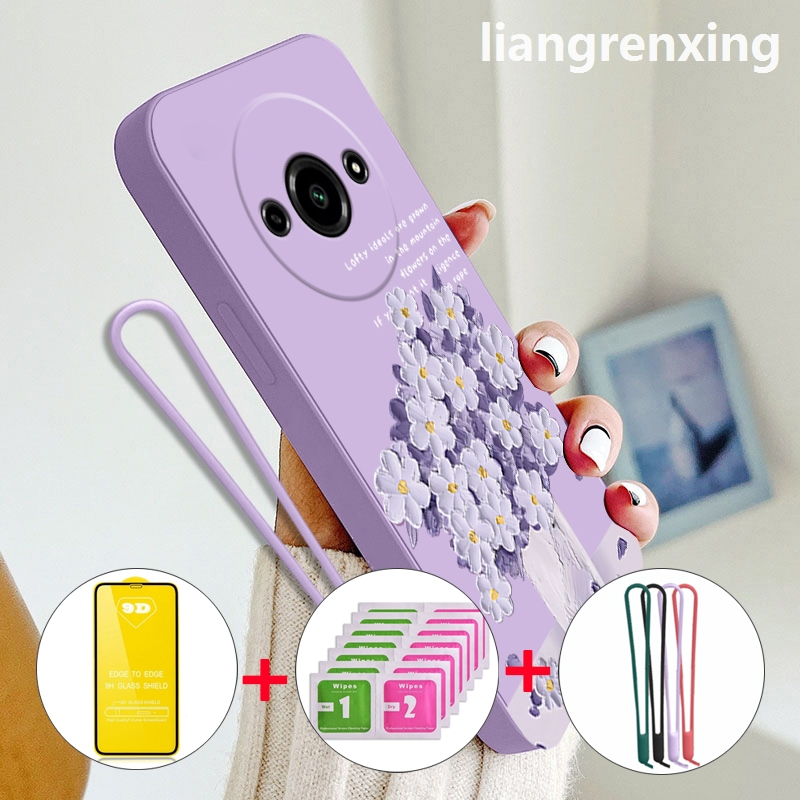 FREE กระจกนิรภัยปลอก xiaomi redmi a3 2024 4g เคสโทรศัพท์ Softcase ซิลิโคนเหลวกันกระแทกฝาครอบกันชนดีไซน์ใหม่การ์ตูนภาพวาดสีน้ํามันดอกไม้ YTMYHH02