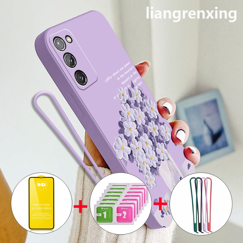FREE กระจกนิรภัย เคส samsung a03s samsung a02s เคสโทรศัพท์ Softcase ซิลิโคนเหลวกันกระแทกฝาครอบกันชนดีไซน์ใหม่การ์ตูนภาพวาดสีน้ํามันดอกไม้ YTMYHH02