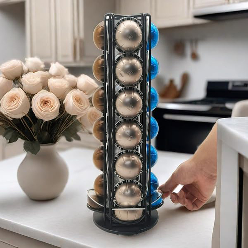 ที่ใส่แคปซูลกาแฟสําหรับ Nespresso Vertuoline, ที่วางแคปซูลกาแฟหมุนได้ Pod Rack ถือฝัก Nespresso Vertuo 28 ชิ้น, สีดํา