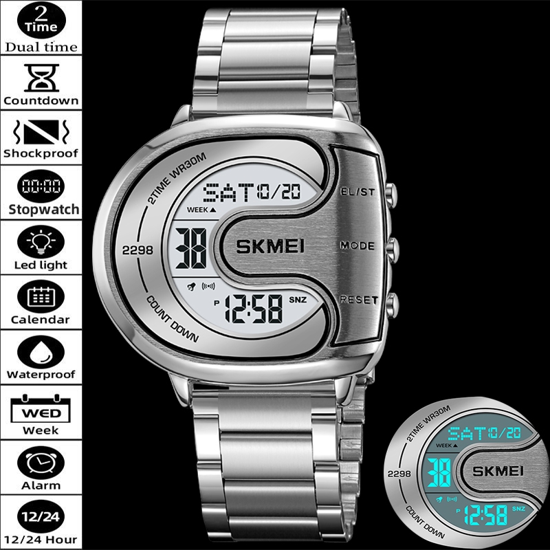 Skmei Mens Dual Time Fashion สายสแตนเลสกันน้ํา Led Chronograph Digital Sport Watch