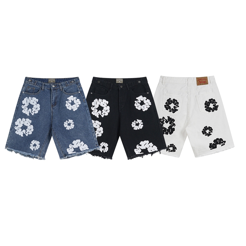 Heavy Distressed แฟชั ่ นกางเกงยีนส ์ กางเกงขาสั ้ น All-Match Casual Front Back Splash Ink Print Design Unisex Same