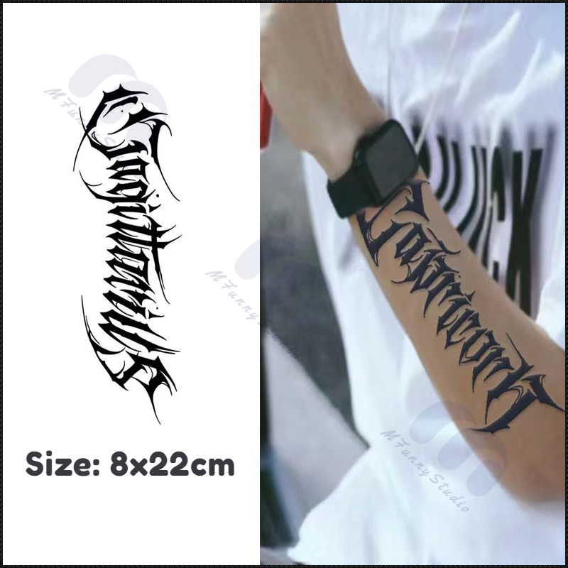 【MF Magic Tattoo 】 ปลอกแขนตัวอักษรภาษาอังกฤษสักชั ่ วคราวกันน ้ ําป ้ องกันการขัดถูยาวนาน 15 วัน