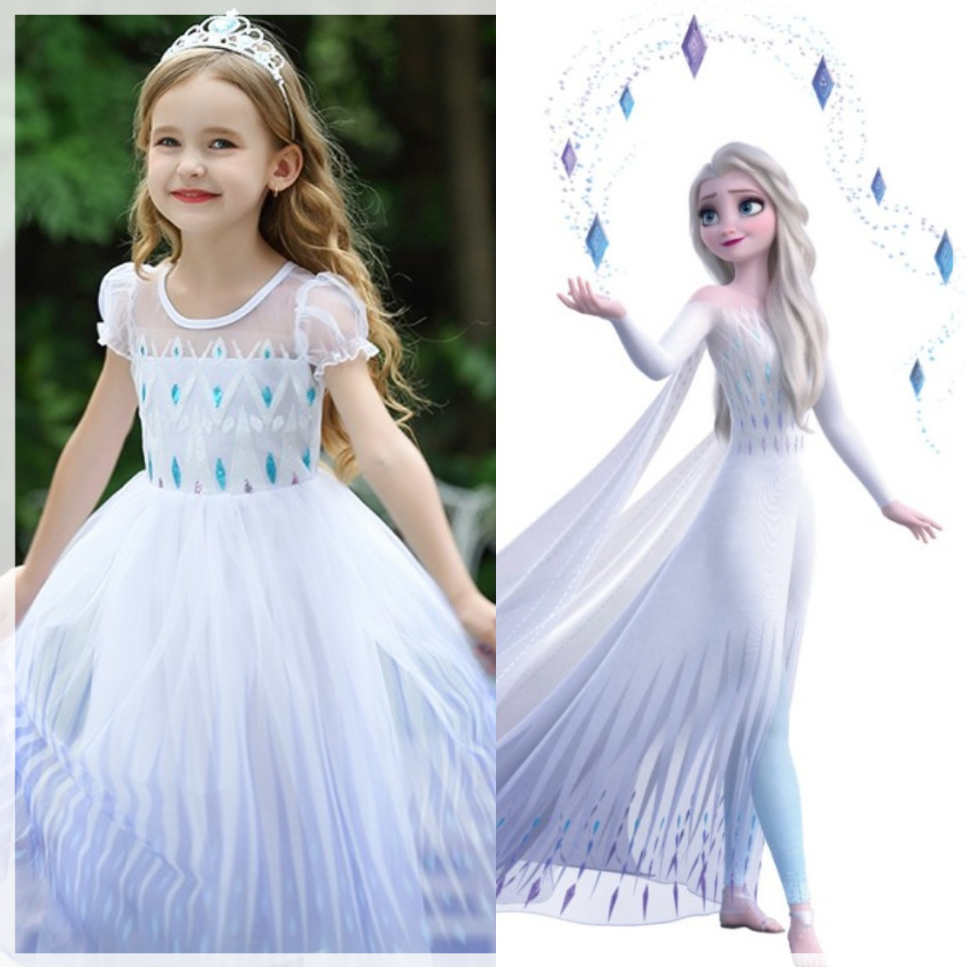 ชุดเจ้าหญิงเด็กผู้หญิง สีขาว ชุดเอลซ่า คอสเพลย์เด็ก ชุดเลื่อมกับผ้าคลุมไหล่ยาว Frozen 2