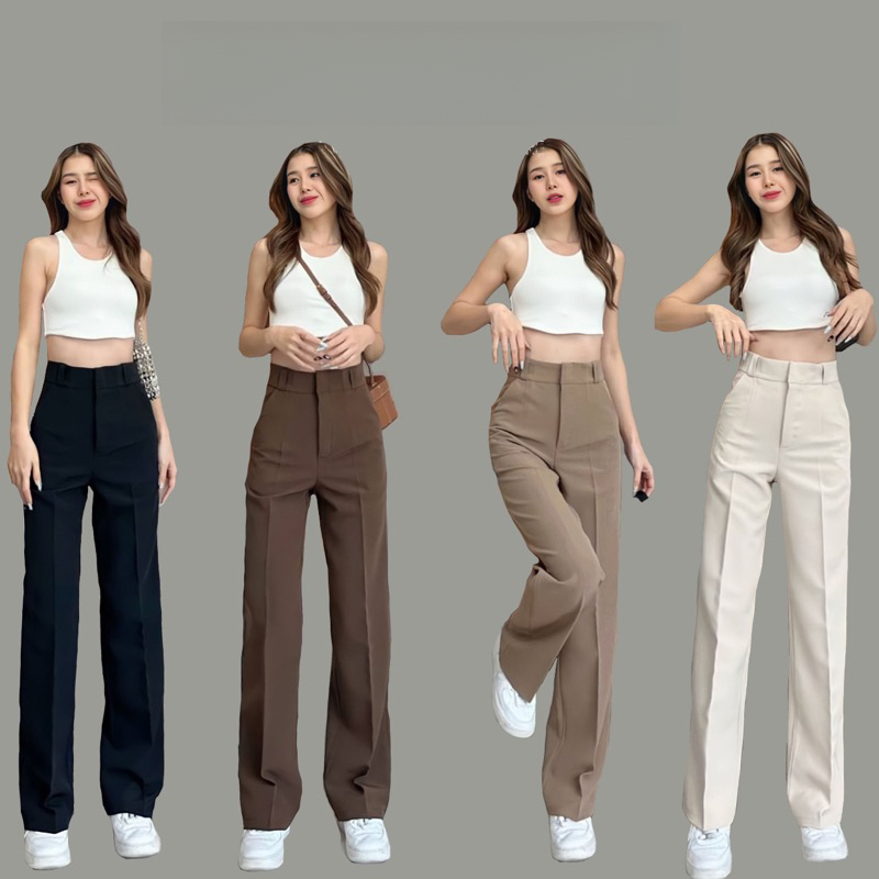 กางเกงสูทขายาว ผ้าเดรป เอวสูง กางเกงขายาวลําลอง ผ้าเดรป เอวสูง ผ้าเบาสบาย แฟชั่นฤดูร้อน 2025