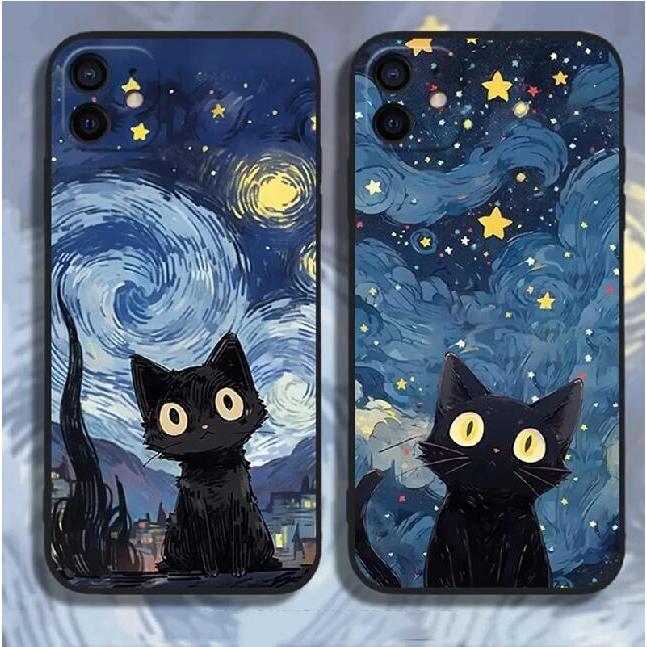 Van Gogh ภาพประกอบเคสโทรศัพท์ IPhone 6 6S 11 7 8 15 X XR XS Plus 12 13 14 15 PRO mini MAX ซิลิโคนเหลวสีดํา