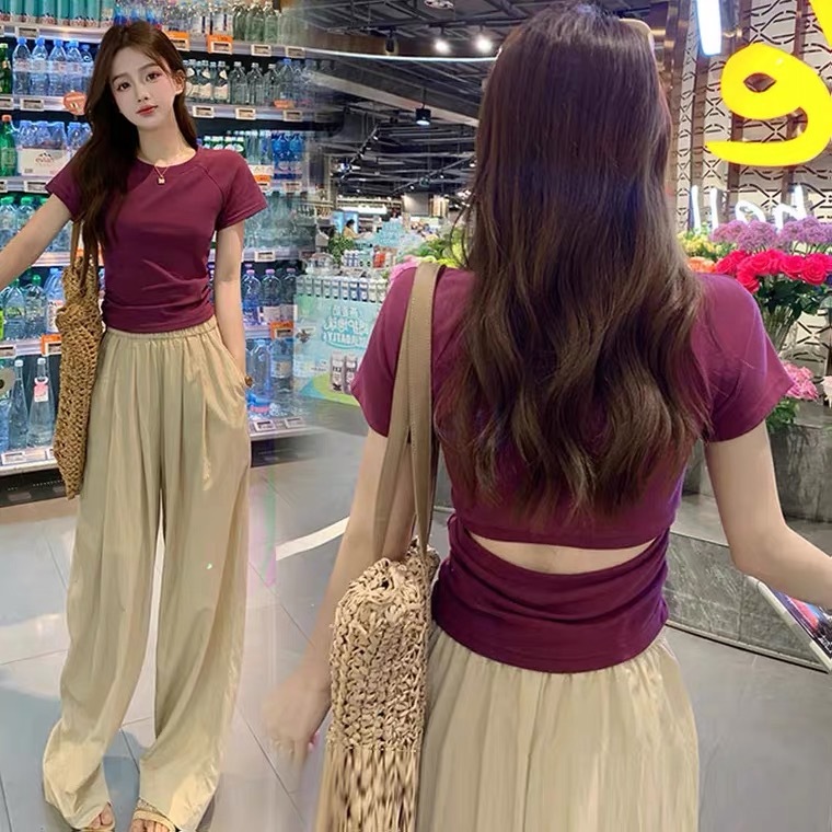 【WJZ】การออกแบบเสื้อยืดแฟชั่นแขนสั้นกลวงเซ็กซี่สีทึบของผู้หญิง【T41】