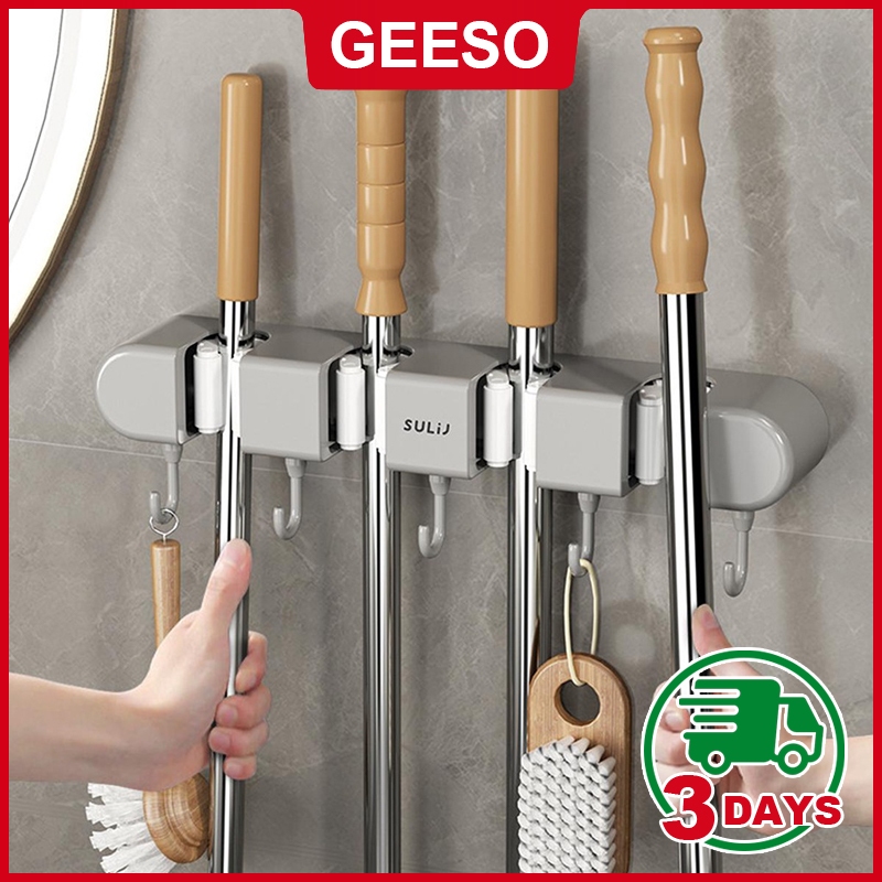GEESO ที่แขวนไม้ถูพื้น ที่แขวนไม้กวาด ที่แขวนฝักบัว ที่แขวนแปรงขัดห้องน้ำ ที่แขวนของใช้ภายในบ้าน ไม่ต้องเจาะ Broom Mop Holder with Hooks