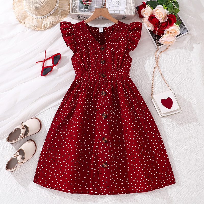 Siyyis ชุดเดรสเด็กผู้หญิง Maroon Polka Dotted Frill-Trim คอวีอินเทรนด์คลาสสิกฤดูร้อนเทศกาลชุดปาร์ตี้ 8-12 ปี