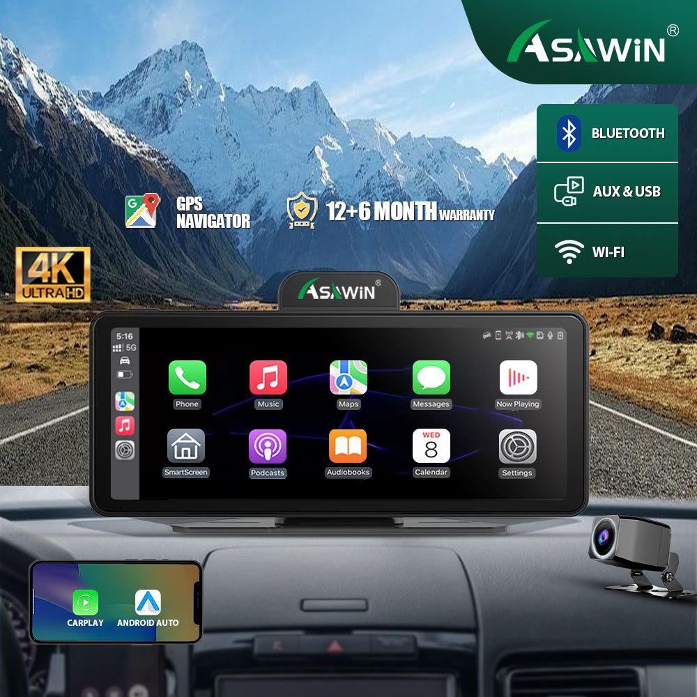 Asawin 7 นิ ้ ว Carplay WiFi 4K กล ้ องคู ่ เครื ่ องบันทึกการขับขี ่ Android อัตโนมัติโทรศัพท ์ มือถือการเชื ่ อมต ่ อหน ้ าจอนําทางโทรบลูทูธ