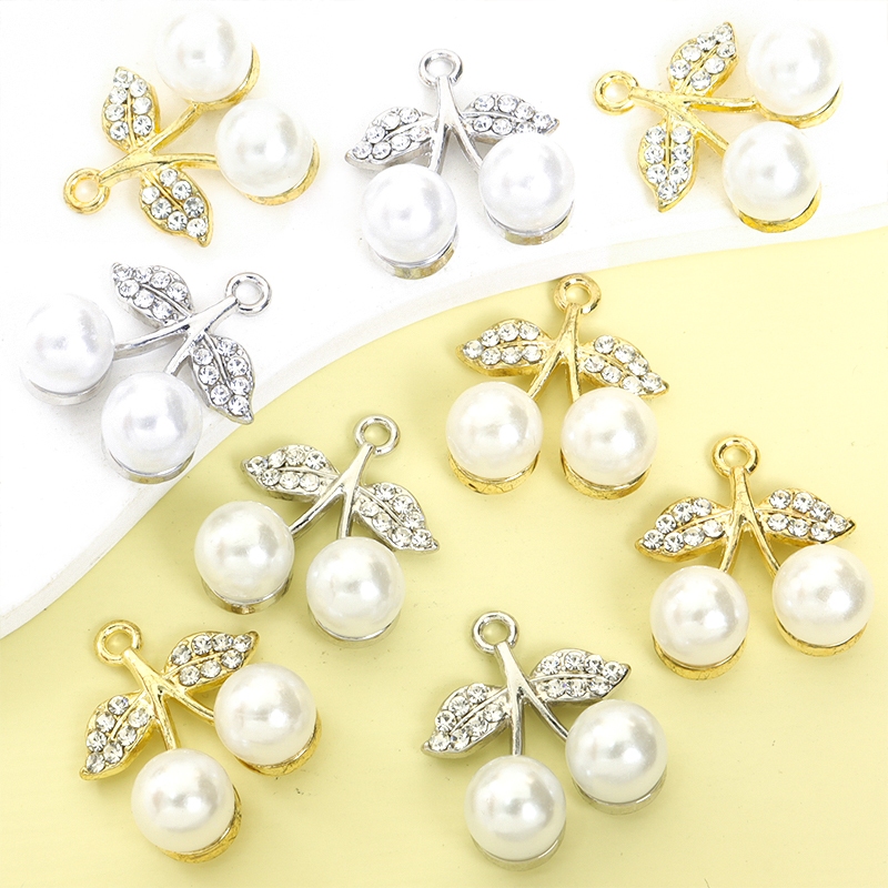 10ชิ้นฤดูร้อนยอดนิยมประกายrhinestones & Pearls Inlay Cherry Charms Fitสําหรับทุกฤดูกาลอารมณ์สร้อยคอต่างหูDIYหวานน่ารักผลไม้รูปร่างจี้-เหมาะสําหรับทุกวันสวมใส่
