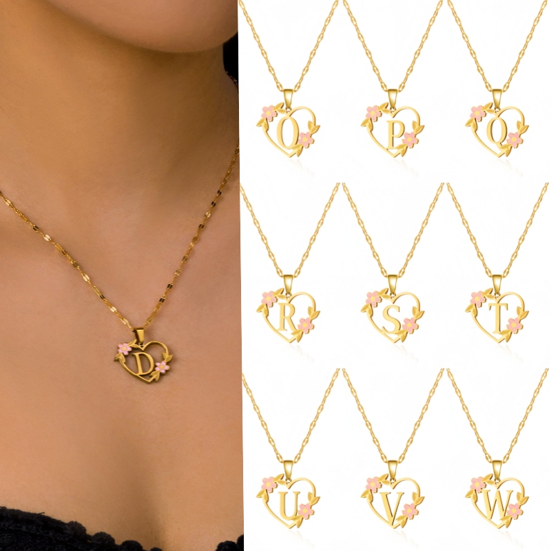 แฟชั่น Capital AZ ตัวอักษรภาษาอังกฤษสร้อยคอสแตนเลสดอกไม้หัวใจ 18K Gold Plated 26 ตัวอักษรจี้สร้อยคอสําหรับผู้ชายและผู้หญิงเครื่องประดับของขวัญสี่เหลี่ยมผืนผ้าหรูหรา