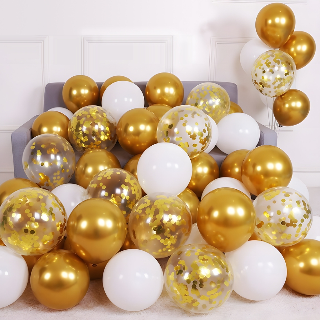 36 ชิ ้ นสีขาวทอง Chrome Metallic บอลลูน Confetti เลื ่ อมบอลลูนชุดของที ่ ระลึกสําหรับงานแต ่ งงานวันเกิดตกแต ่ ง