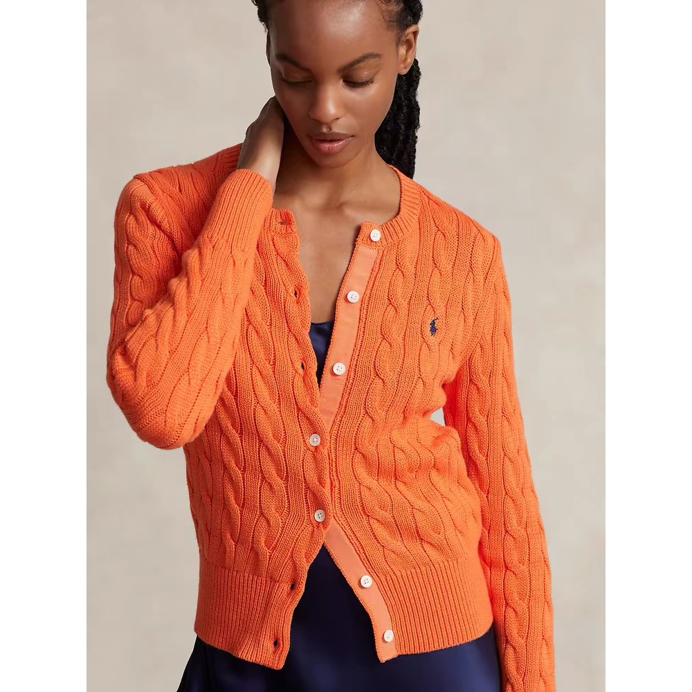 2024 ฤดูใบไม้ผลิยี่ห้อ ร.ล เสื้อกันหนาวผู้หญิงปักม้าขนาดเล็ก สายเคเบิล-ถักผ้าฝ้าย 100% ลําลองคาร์ดิแกนถักเสื้อกันหนาวหญิงท็อปส์