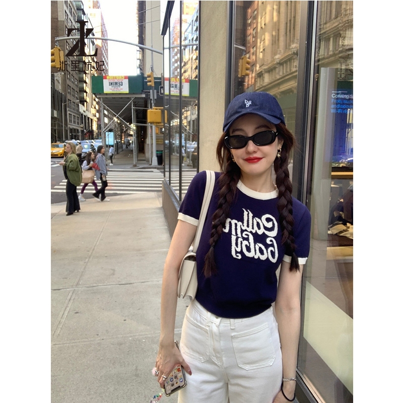 ZHELIHANGFEI เสื้อยืดแขนสั้นถักสำหรับผู้หญิง ลายตัวอักษร สวมใส่พอดีตัว เอวสูง