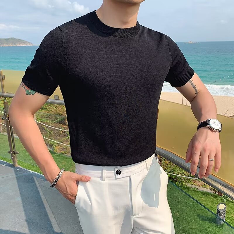 Meason cool t shirt™ เสื้อยืดป้องกันกลิ่นเหงื่อ ผ้าถักยืดหยุ่น สีดำ สีขาว สีเขียว[ลายทางเสื้อยืด]A42