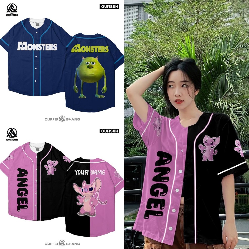 Unsixe แขนสั้นเสื้อเบสบอลน่ารักพิมพ์รูปแบบอะนิเมะ เสื้อ Stickball แบรนด์ท้องถิ่นโอเวอร์ไซส์หลวมเสื้อยืดสําหรับผู้ชายและผู้หญิง Hot Trend 2024