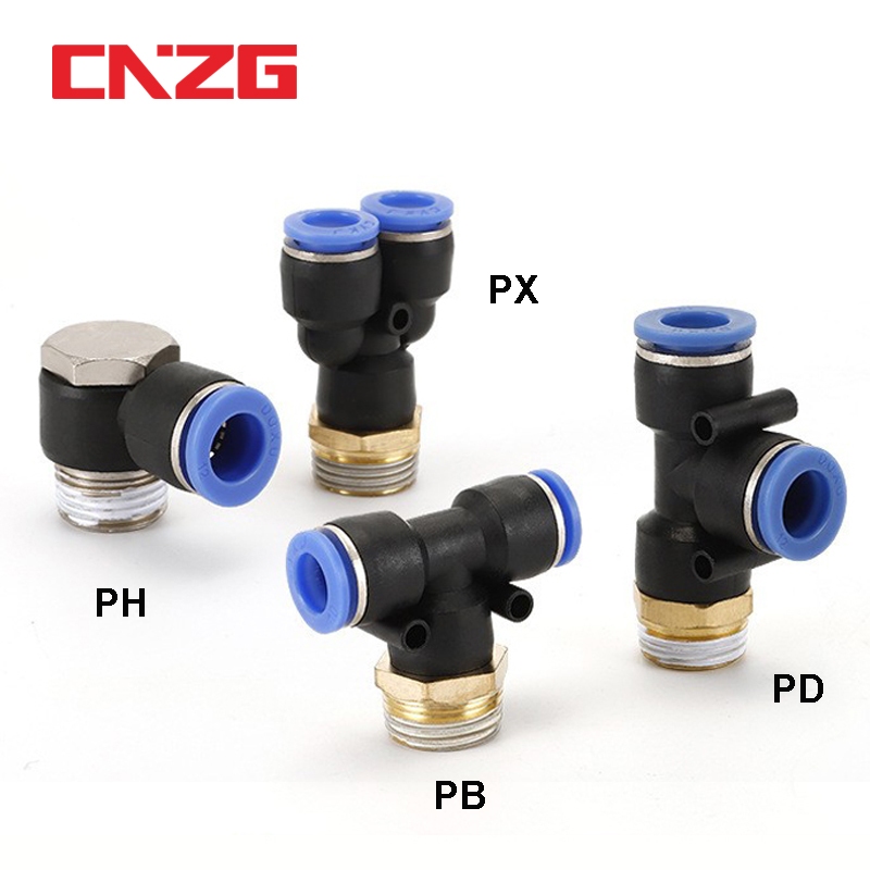 PB PD นิวเมติกติดต่อท่อเชื่อมต่อด่วน BSP ชายด้าย 1/8 "1/4" 3/8 "1/2" Push-in Tee ประเภทอะแดปเตอร์