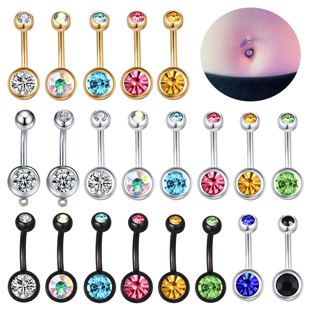 1 PC สีสแตนเลส Belly Buttom เจาะคู่คริสตัล Navel แหวนรอบ Ball Belly แหวนเครื่องประดับของขวัญ