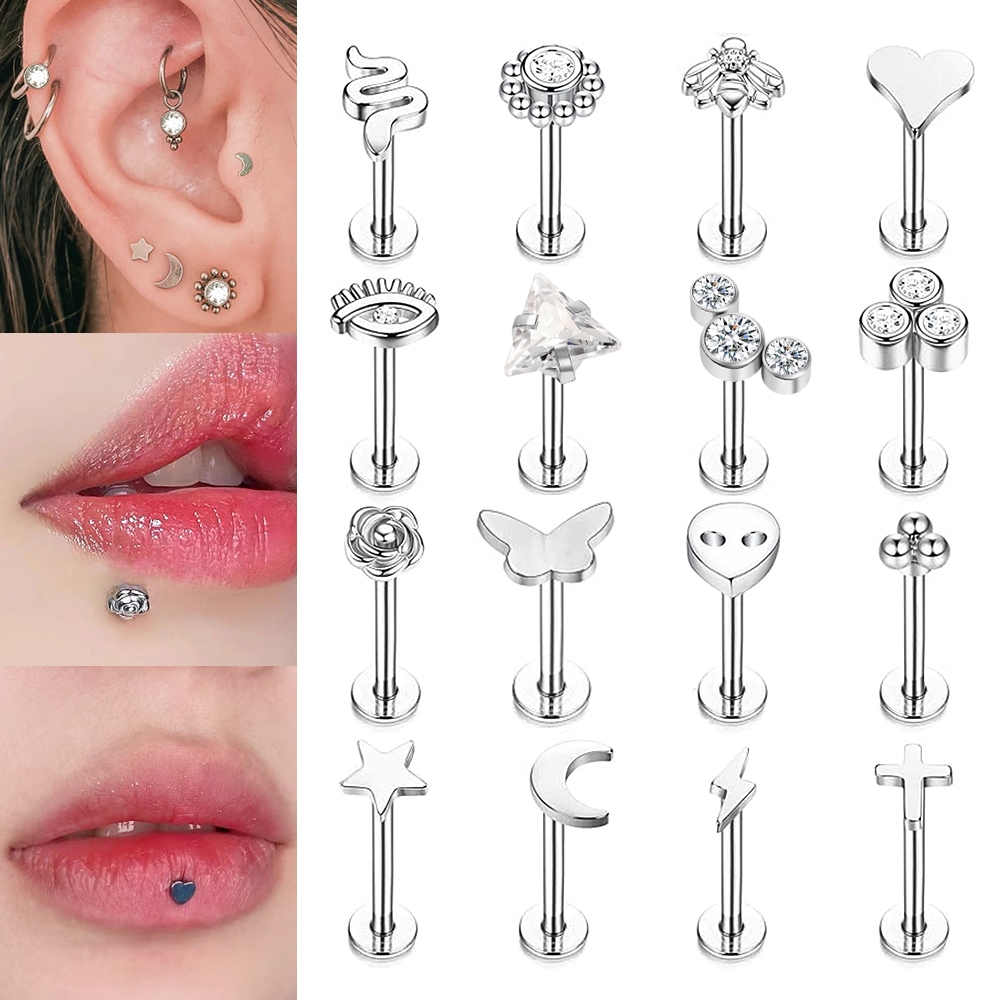 1 PC 6/8/10 มม.ผีเสื้อค้างคาว Labret เจาะ Skull Rose สแตนเลสสตีล Lip Stud Star Moon กระดูกอ่อนต่างหู Helix เจาะ