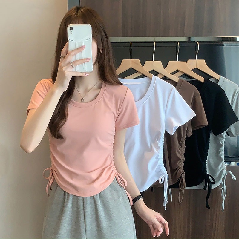 Hittime เสื้อครอปท็อป คอกลม แขนสั้น สีพื้น แฟชั่นฤดูร้อน สําหรับผู้หญิง M-2XL