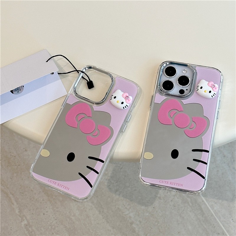 Iphone 16 15 pro max 14 pro max Electroplating Silver Hello Kitty Pattern วัสดุอะคริลิคเคสโทรศัพท์พื้นผิวกระจก
