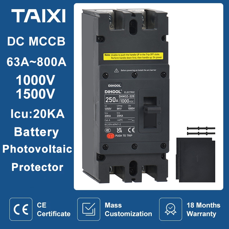 Dc MCCB Molded Case Circuit Breaker 2P 12V 24V 1000V 1500V 100A 200A 250A 400A 630A แบตเตอรี่ระบบโซลาร์เซลล์อินเวอร์เตอร์สถานีชาร์จ Protector