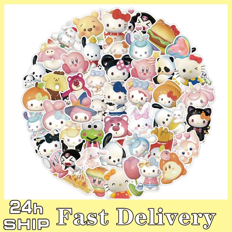60 ชิ้น 3D Sanrio สติกเกอร์แพ็ค Helloy Kitty Kuromi My Melody การ์ตูนน่ารัก PVC ป้ายสติกเกอร์