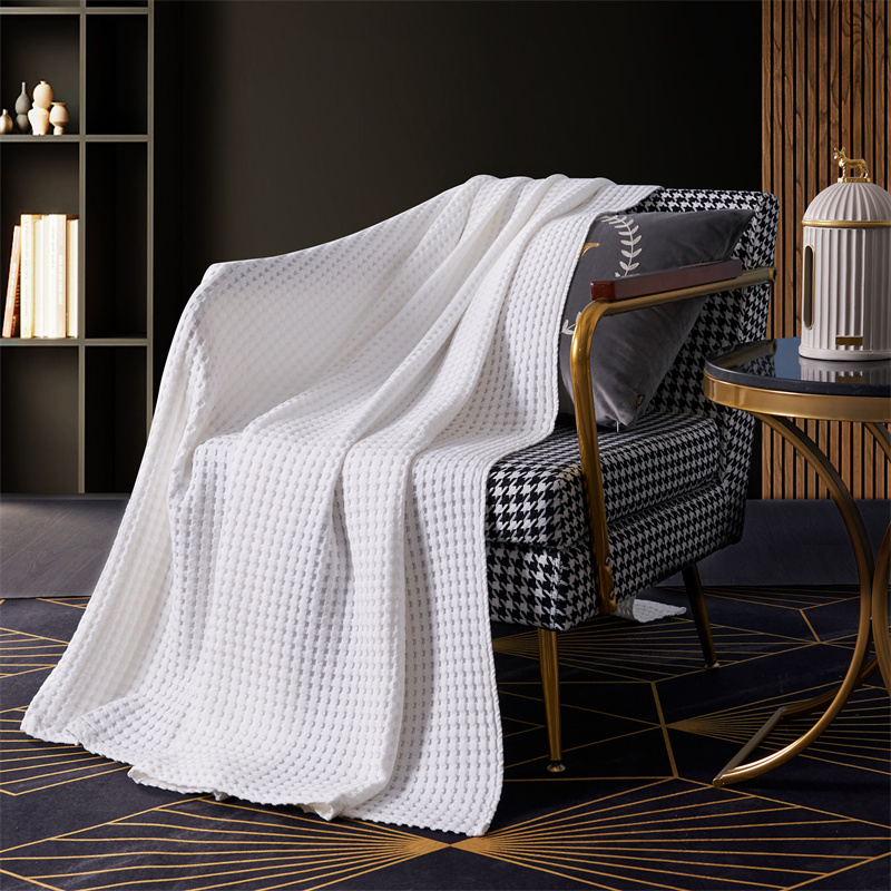 waffle blanket วาฟเฟิล ผ้าห่ม ผ้านวม ฝ้ายอียิปต์ Luxury ขาว/น้ําเงิน ลายสก๊อต Jacquard