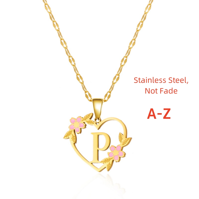26 ตัวอักษร AZ ดอกไม ้ สร ้ อยคอสแตนเลสสําหรับผู ้ หญิง Golden Charm เครื ่ องประดับ