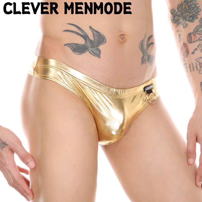 CLEVER-MENMODESexy Mens Glossy เลียนแบบหนังชุดชั้นในต่ําเอวเอวเอวเอวด้านข้าง Loop แฟชั่นกางเกง