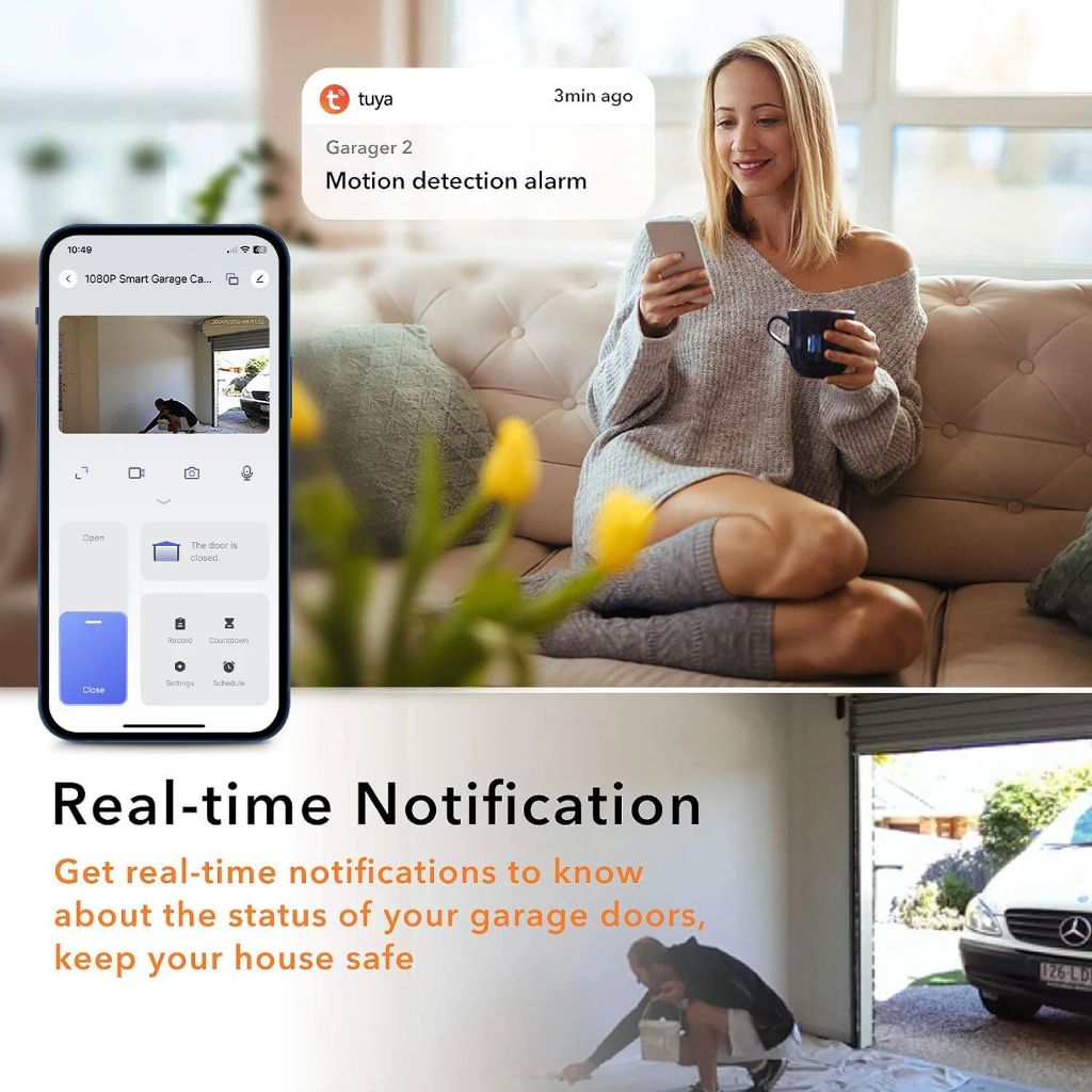 1080p Tuya WiFi สมาร์ทโรงรถกล้องรีโมทคอนโทรลไร้สายเซนเซอร์ Night Vision Monitor ข้อความแจ้งเตือนสําหรับ Alexa Google Home