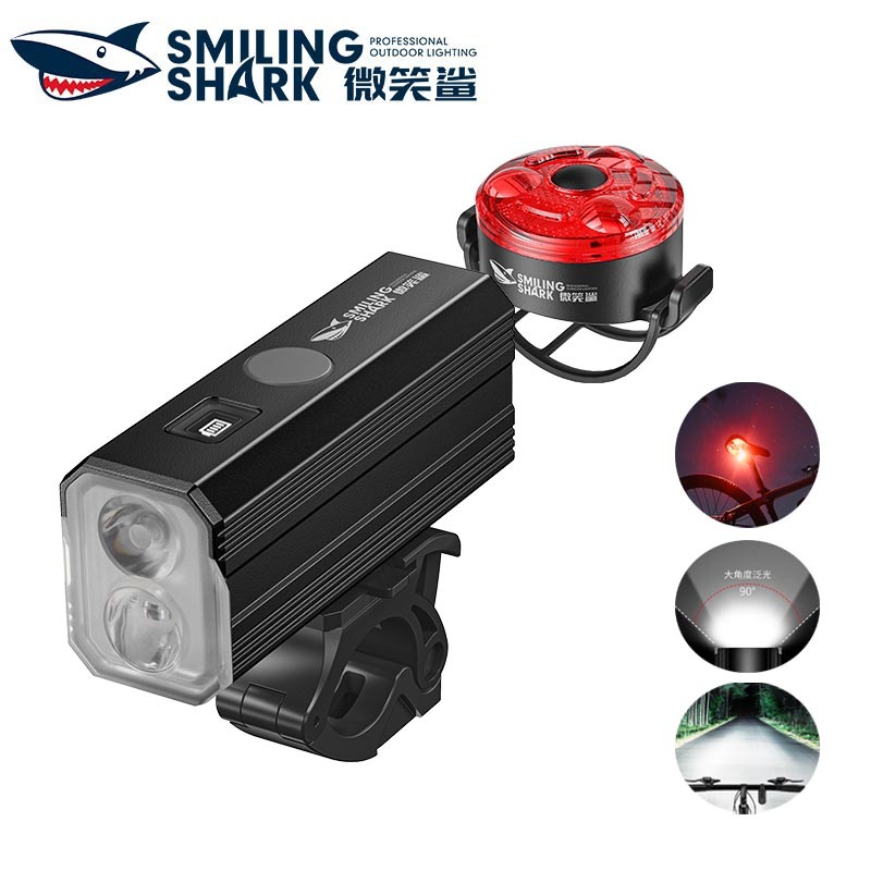 SmilingShark QXD402 ไฟจักรยาน 2 * LED สว่างมาก ไฟจักรยาน พร้อมไฟท้ายสีแดง Type-C ชาร์จใหม่ได้ 4 โหมด กันน้ำเหมาะสำหรับการปั่นจักรยานกลางคืน