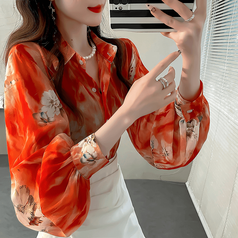 เสื้อแขนยาวผ้าชีฟองสำหรับผู้หญิง,เสื้อผ้าแฟชั่นเสื้อเรโทรลำลองหลวมพิมพ์ลายดอกไม้มาใหม่เสื้อเชิ้ตผู้หญิงแขนพองฤดูร้อน