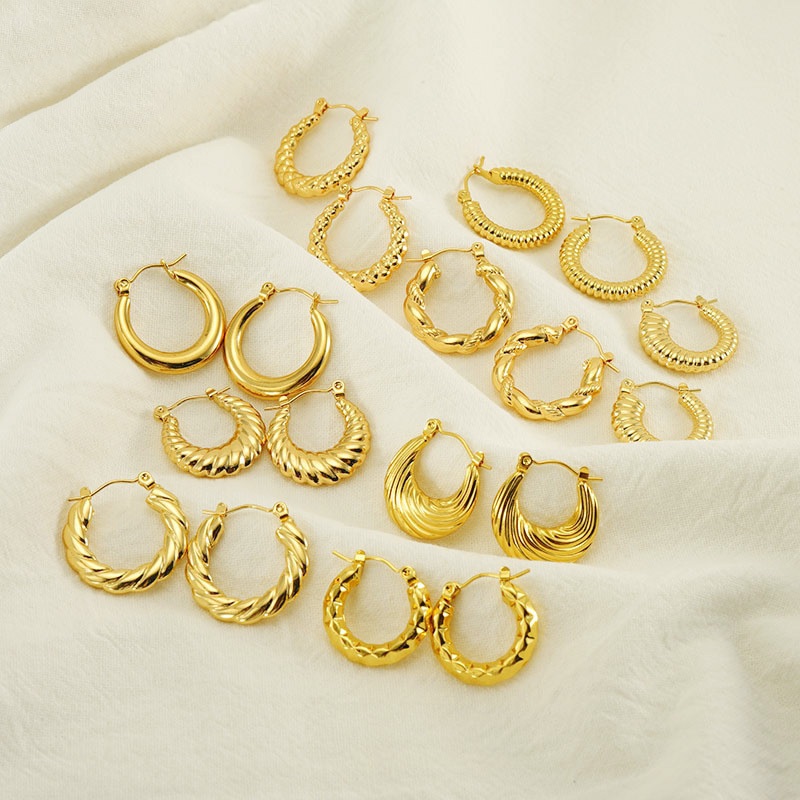 Ht ไทเทเนียมเหล็กชุบ 18K Gold Twist ต่างหู High-End Sense Non-Fade สแตนเลสต่างหูต่างหูผู้หญิง Non-Allergic