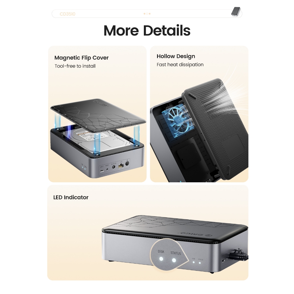 Orico NAS Personal Storage Private Cloud Home Cloud Storage สําหรับ 3.5 SATA HDD/SSD การ์ดเครือข่าย Gigabit ความเร็วที่มีการสํารองอัตโนมัติ Remote Access & Share (CD3510)