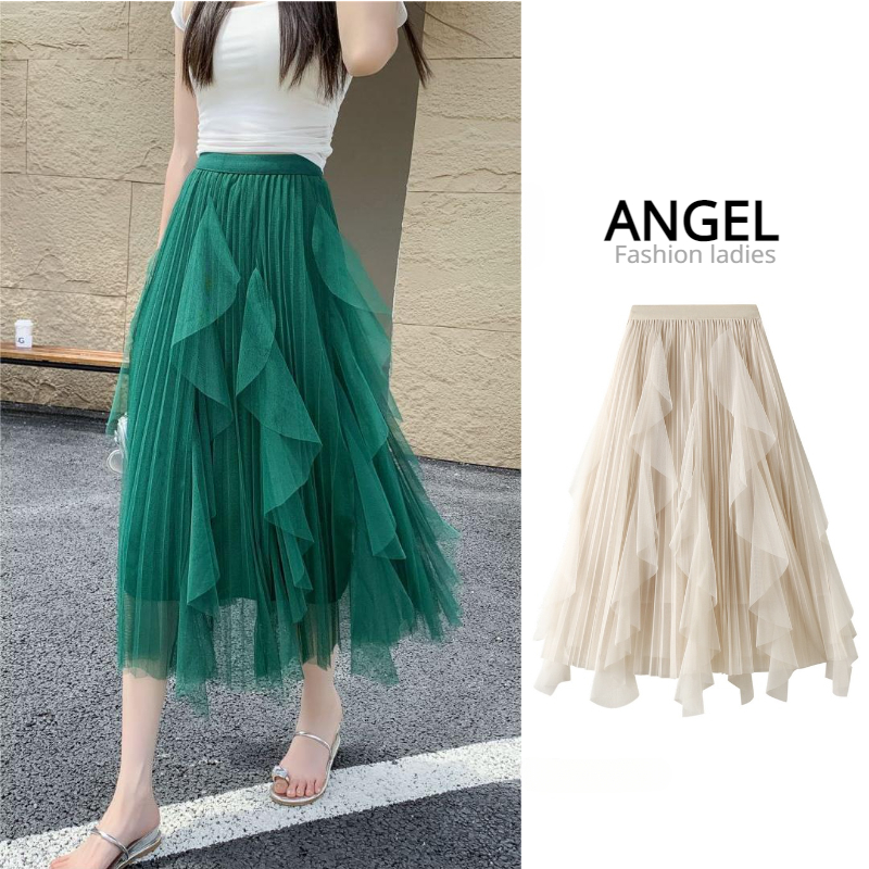 [7 สี] ANGEL แฟชั่นผู้หญิงกระโปรง midi ตาข่ายสีทึบเกาหลียืดหยุ่นสูง A-line สีดําบางขนาดใหญ่แกว่งตูตูกระโปรงจีบกระโปรงยาวสําหรับผู้หญิง