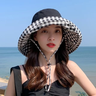 หมวกชาวประมงสองด้านใหม่หมวกลายสก๊อตพับได้ฤดูร้อนหมวกกันแดดปีกใหญ่