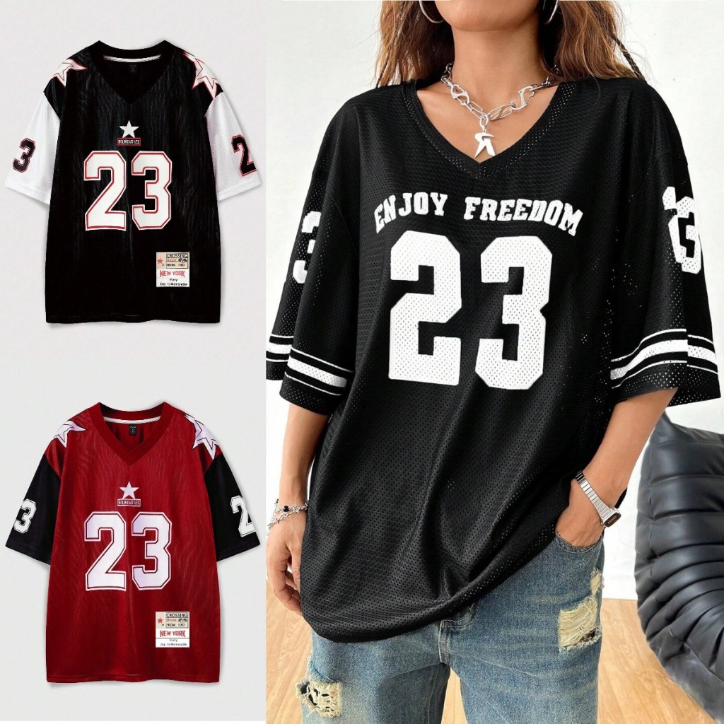 เสื้อยืดผู้หญิง No. 23 คอวี ทรงหลวม โอเวอร์ไซส์ แบรนด์ท้องถิ่น ใส่เล่นบาสเก็ตบอล ฟุตบอล