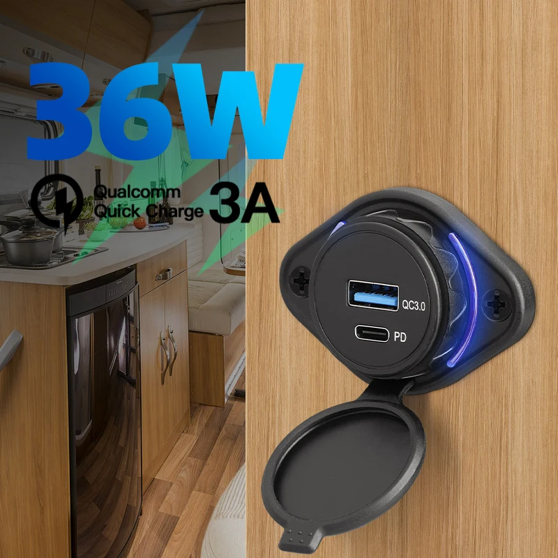 12v 24V RV USB Charger PD Quick Charge3.0 Wall Mount Fast Charging Station พร้อมหมวกสําหรับรถยนต์ Camper เรือ Marine SUV ATV 36W